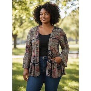 Perceptions Women Open Cardigan Boho Paisley Peplum Bell Sleeve Multi XL